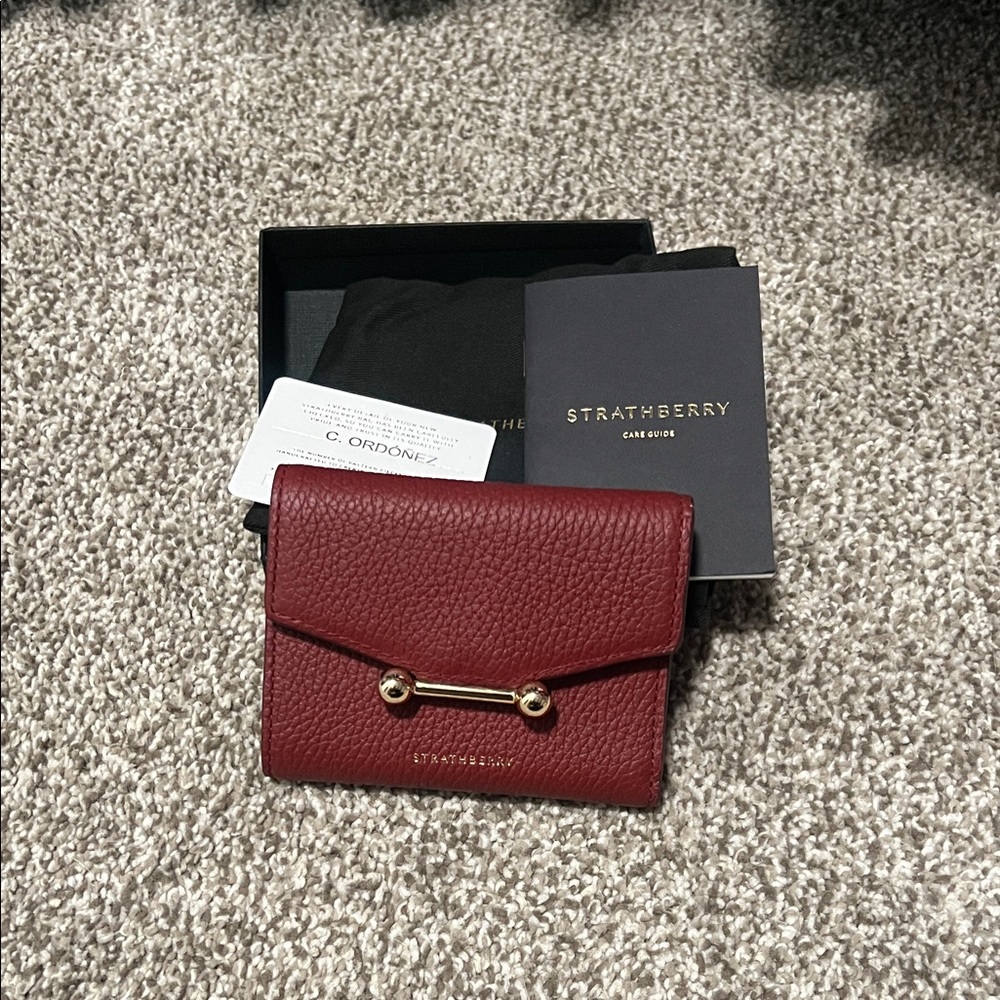 Strathberry Red Burgundy Leather Wallet with Gold Accents